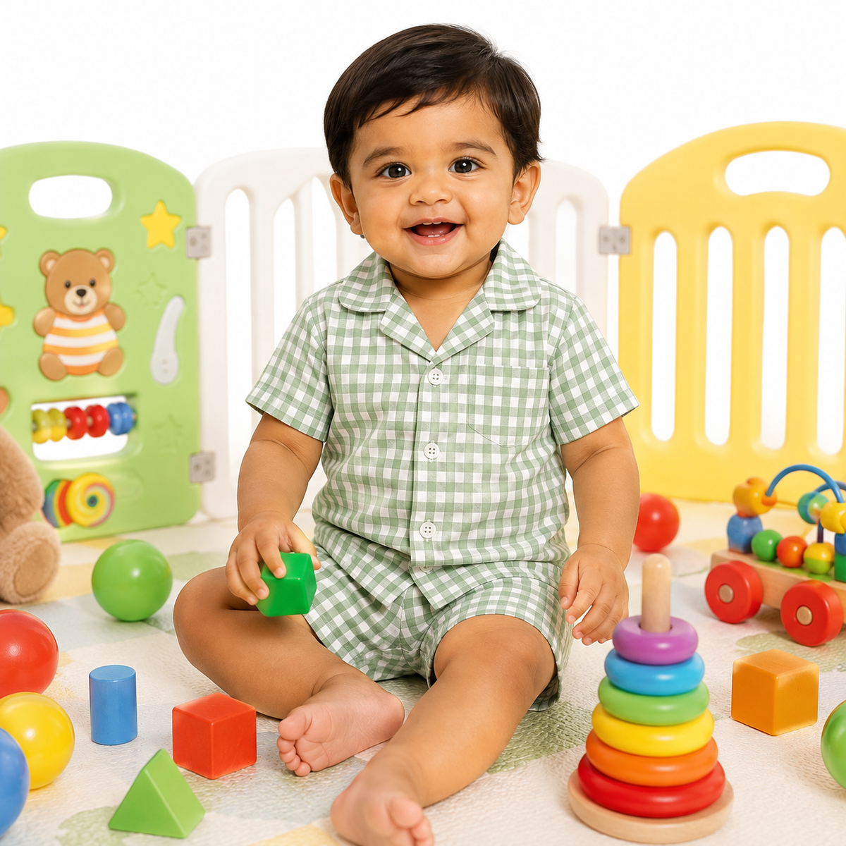 Lil Meadow – Green Woven Gingham Cotton Night Suit | 12–18 Months
