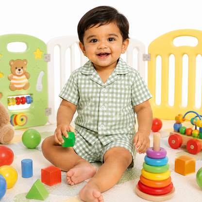 Lil Meadow – Green Woven Gingham Cotton Night Suit | 12–18 Months