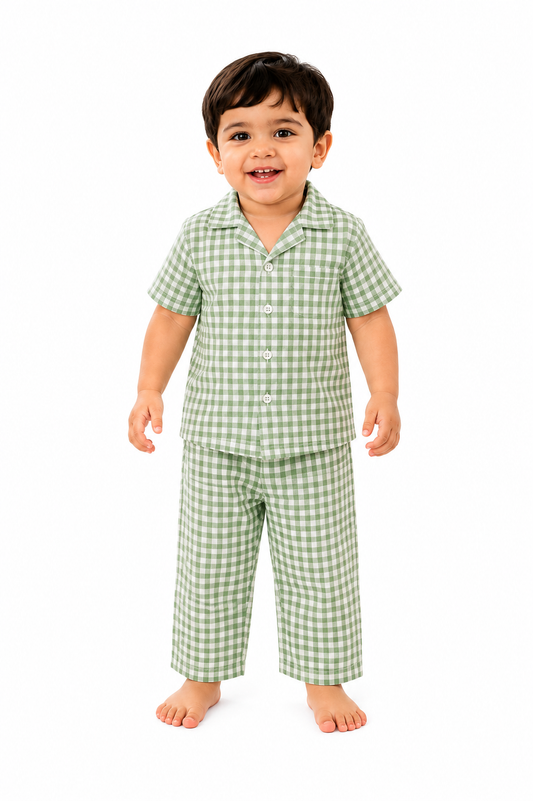 Lil Meadow – Green Woven Gingham Cotton Night Suit | 2–3 Years