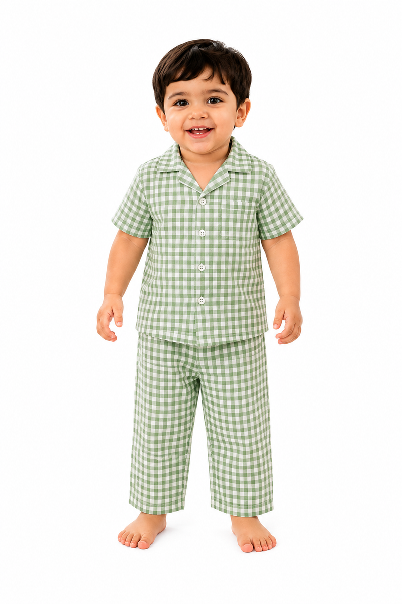 Lil Meadow – Green Woven Gingham Cotton Night Suit | 2–3 Years