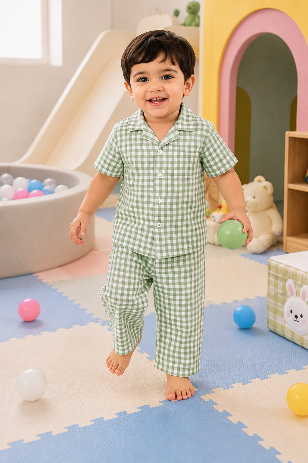 Lil Meadow – Green Woven Gingham Cotton Night Suit | 2–3 Years
