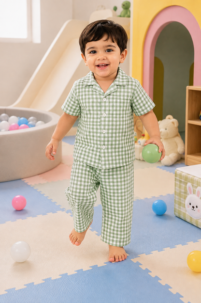 Lil Meadow – Green Woven Gingham Cotton Night Suit | 2–3 Years